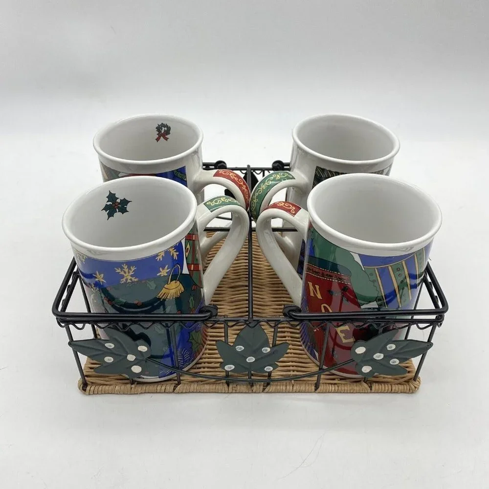 VTG 90s Christmas Porcelain Mug Set of 4 Metal Wicker Caddy‎ Holiday Festive Y2K